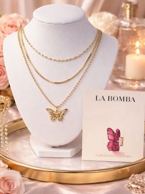 Carolina Herrera La Bomba Butterfly Necklace Stack 18K Gold Plated  Upcycled